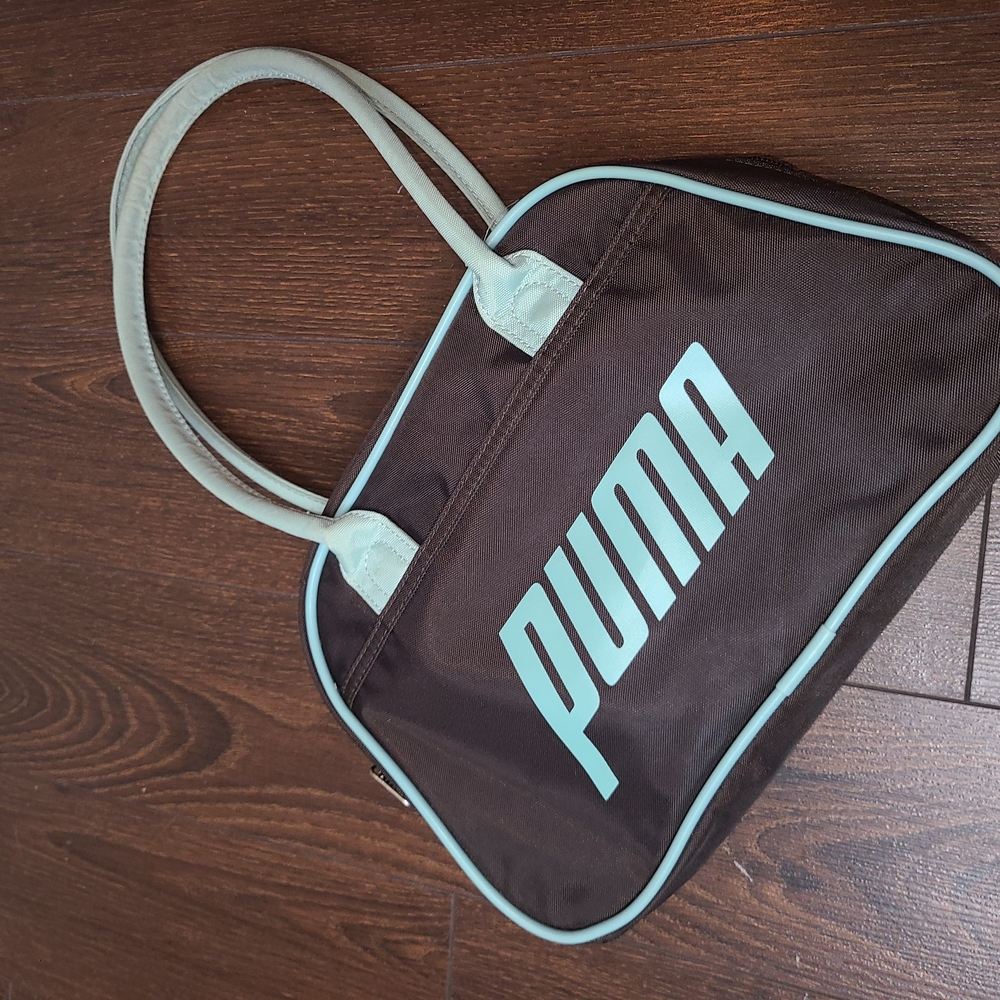 Vintage 80's 90's PUMA Black Mini Duffle Bag with Baby Blue Accents